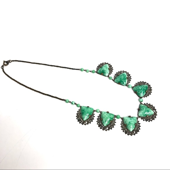 Vintage Necklace Green Czech Glass Faux Jade 1930 - Picture 4 of 11